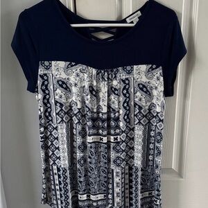 Westport Navy Cream Print Top S Criss Cross Back